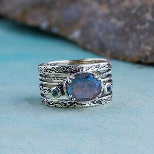 YoTreasure Labradorite Swiss Blue Topaz 925 Sterling Silver 3 Stone Size 8